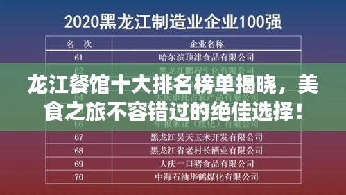 龍江餐館十大排名榜單揭曉，美食之旅不容錯過的絕佳選擇！